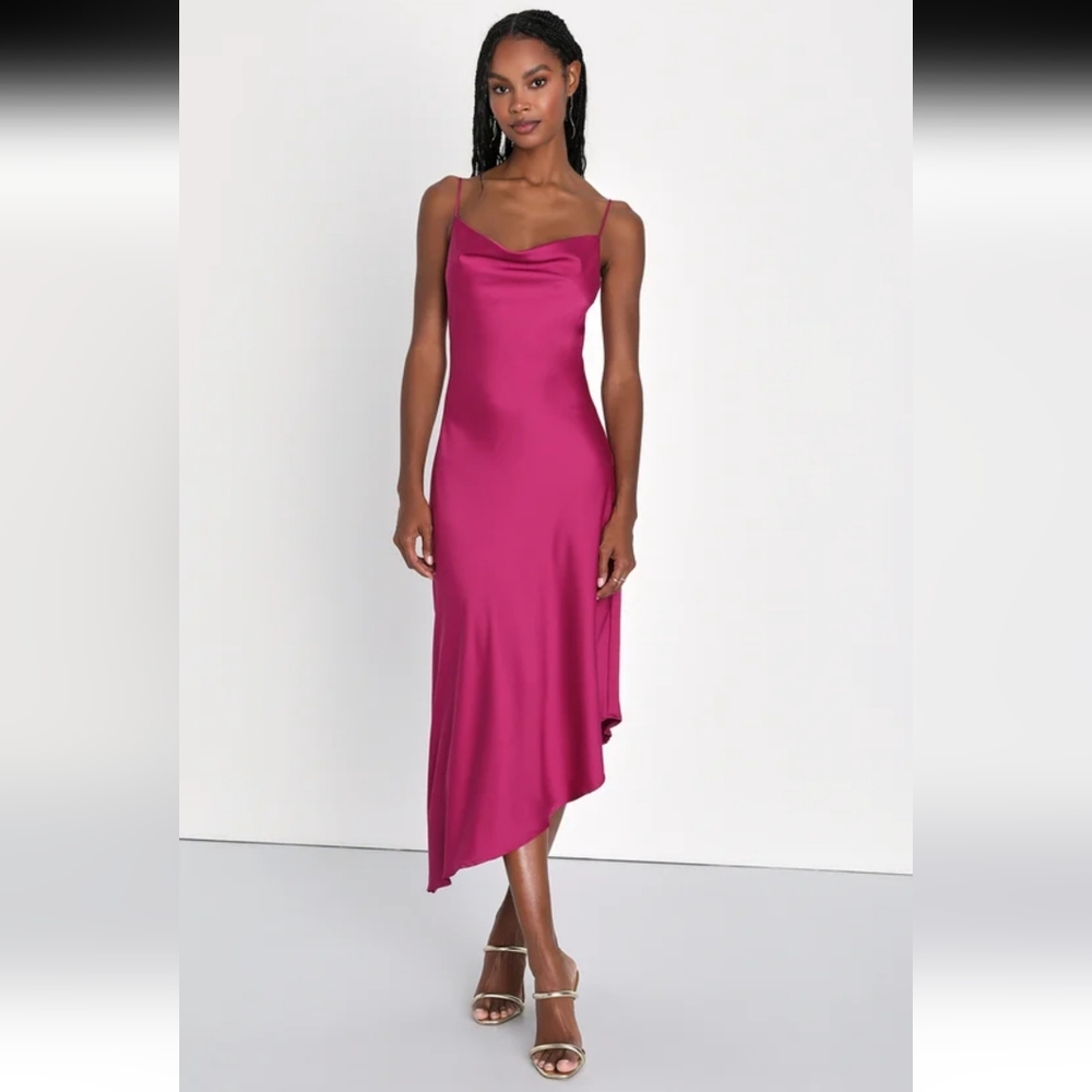 Stunner Magenta Satin Cowl Neck Asymmetrical Midi Dress